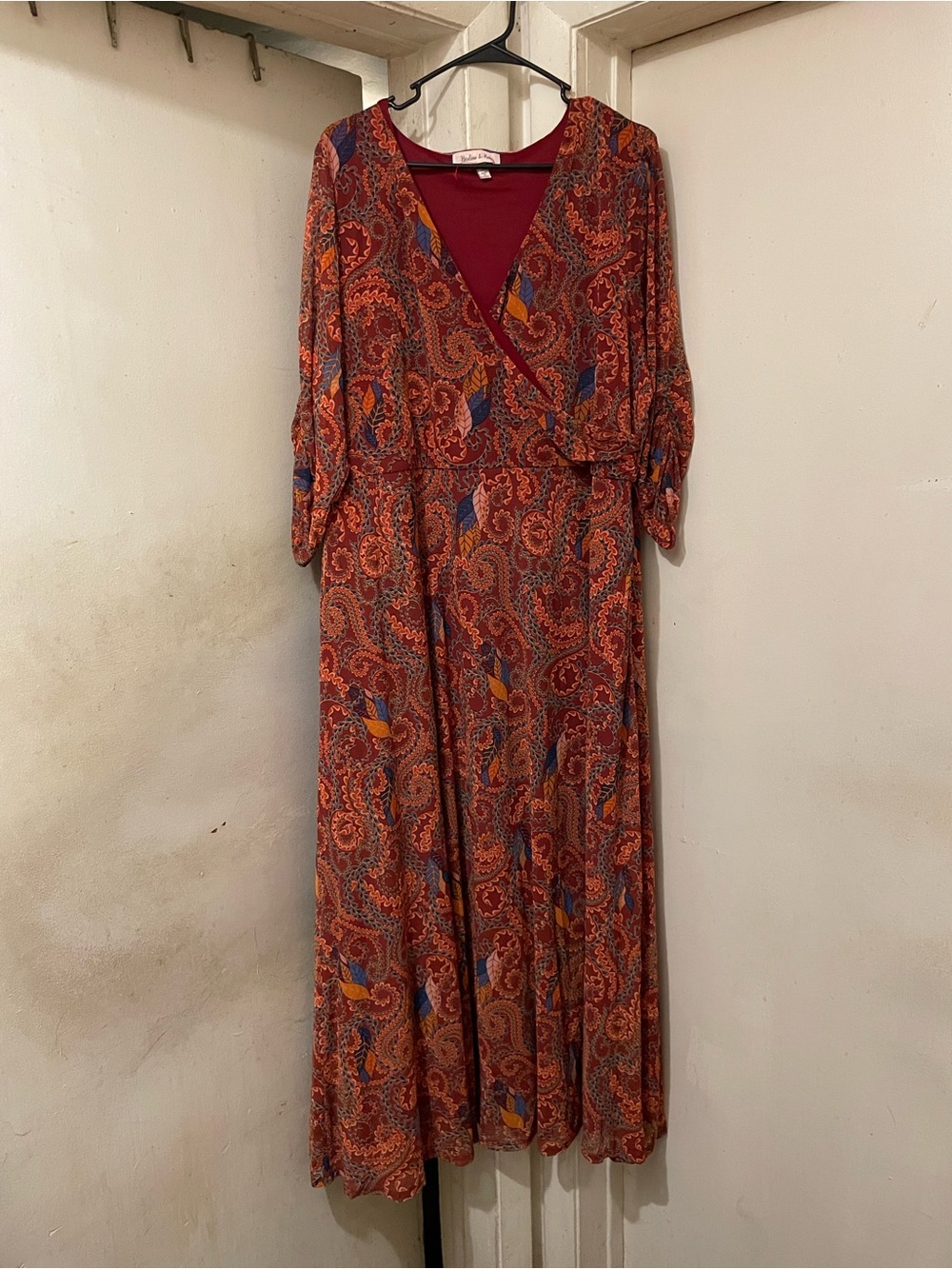 Harper & Rose Paisley Wrap Maxi Dress Burgundy 3/4 Sleeve Tie Waist Size 3X